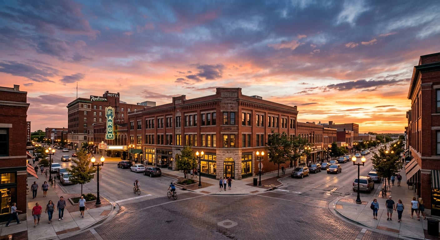 Downtown Fargo, North Dakota brick buildings under a wide prairie sky