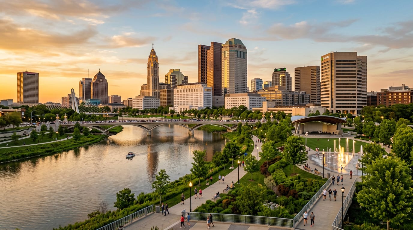 Columbus, Ohio skyline along the Scioto River