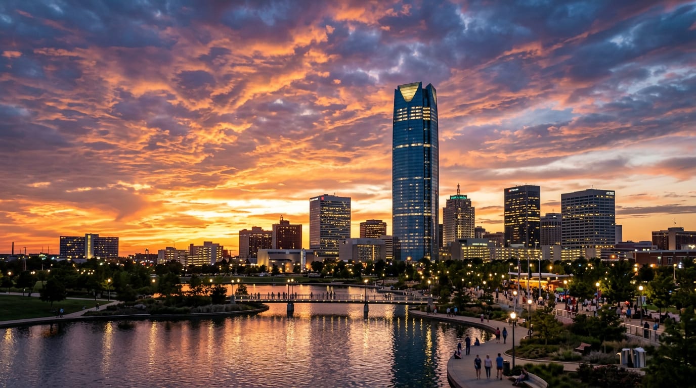 Oklahoma City skyline under a dramatic sunset sky