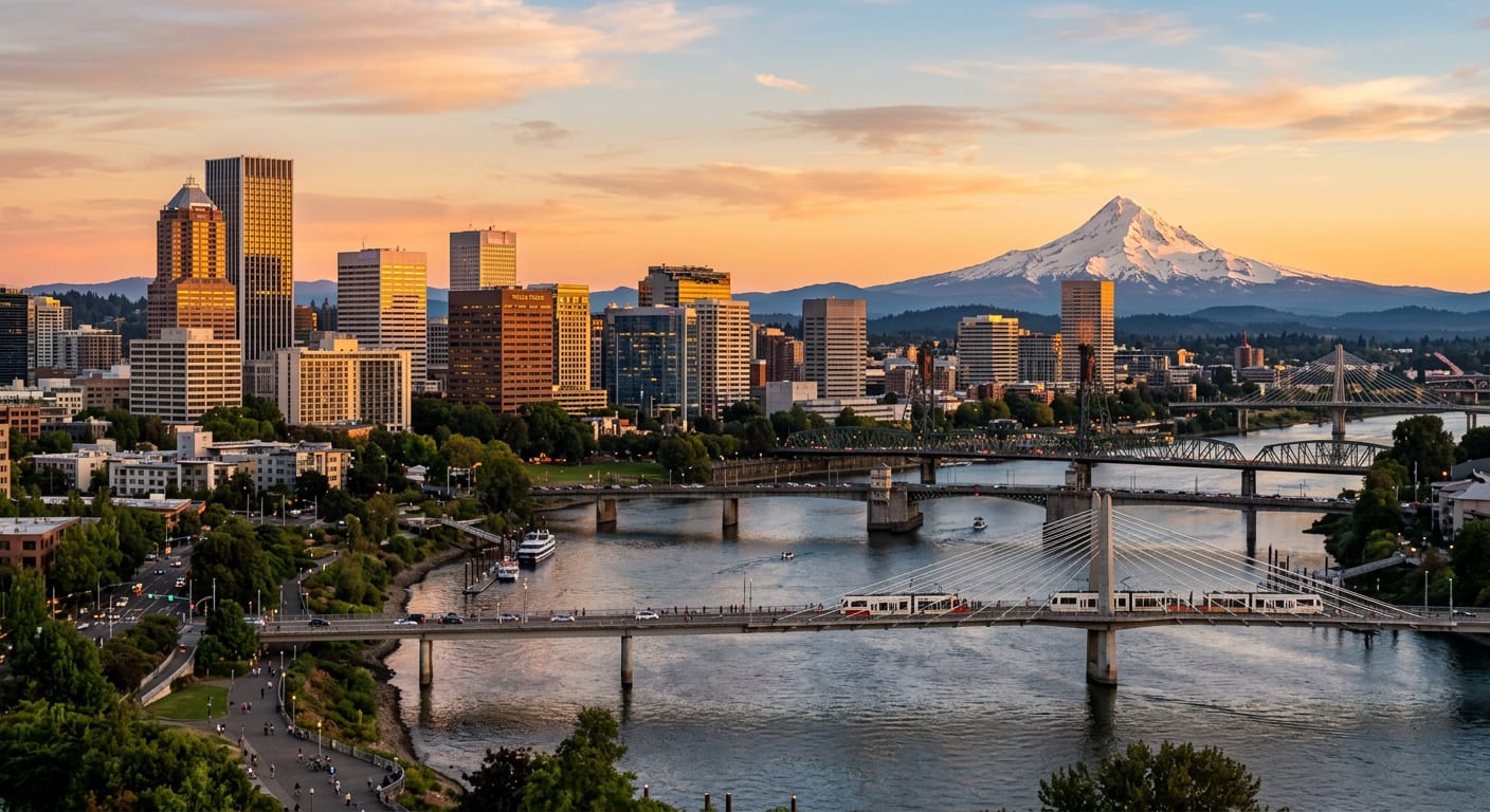 Portland, Oregon skyline with Mount Hood and Willamette River bridges