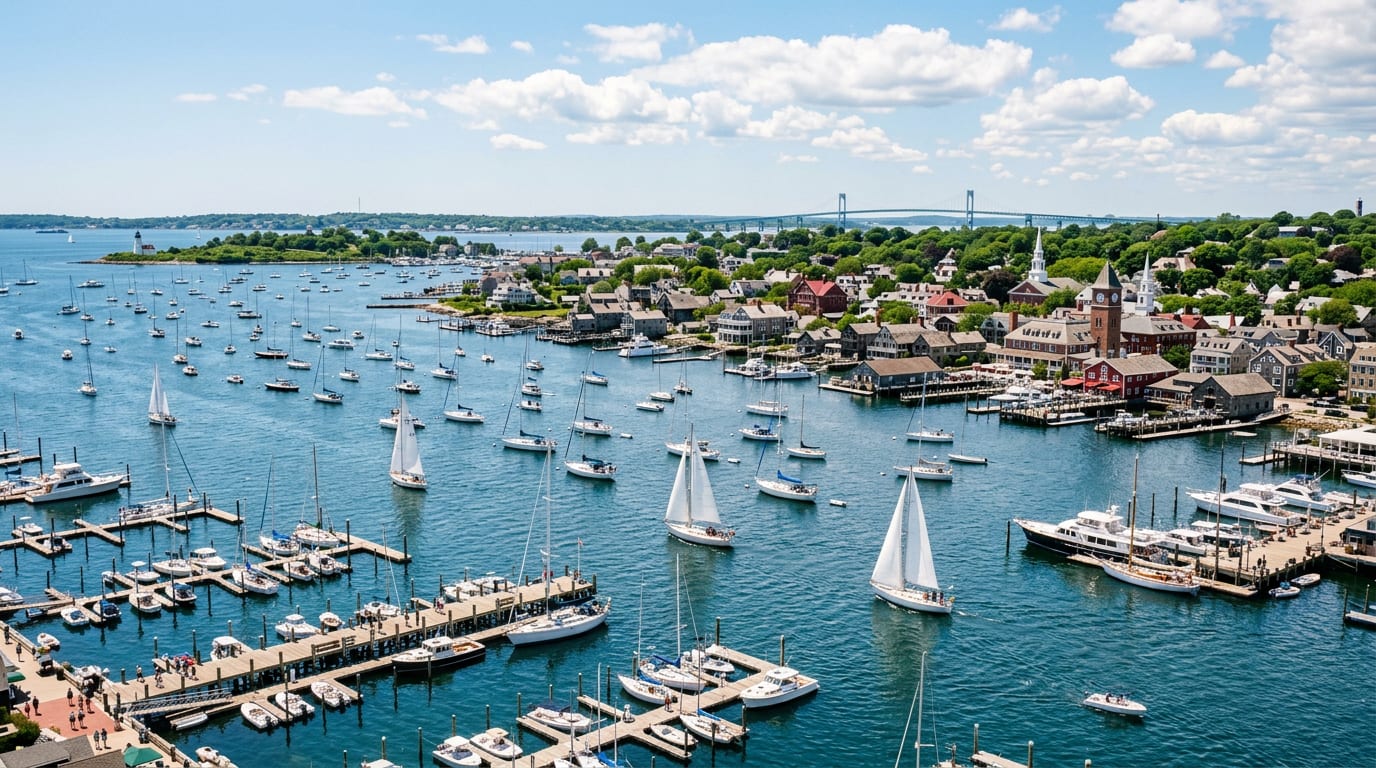 Newport, Rhode Island harbor with sailboats and historic waterfront