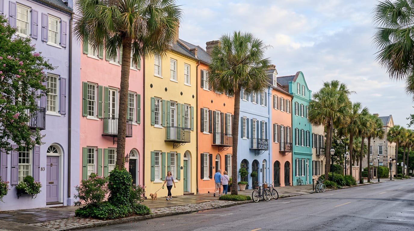 Pastel historic houses of Rainbow Row in Charleston, South Carolina
