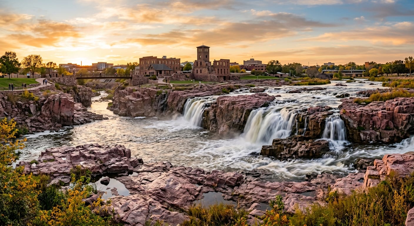 Falls Park waterfalls over pink quartzite in Sioux Falls, South Dakota