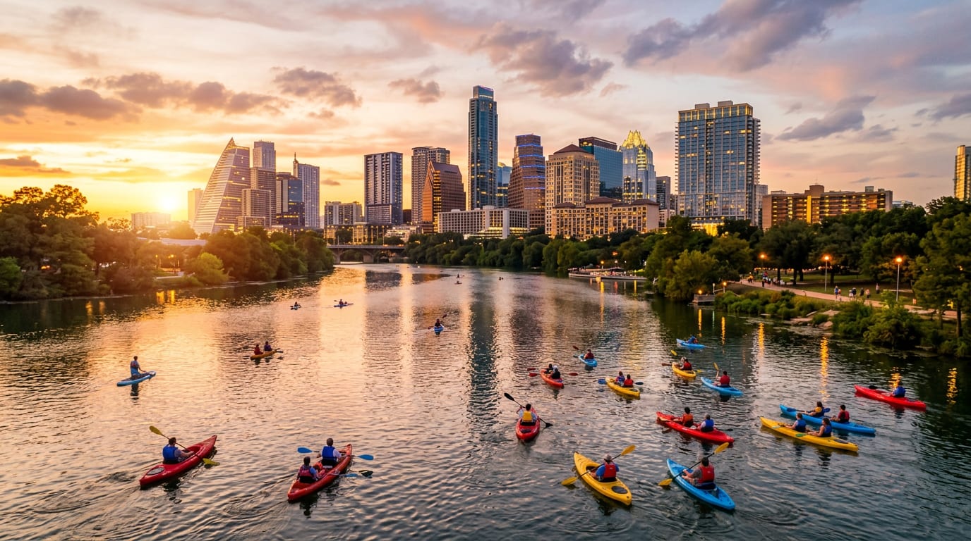 Austin, Texas skyline over Lady Bird Lake at golden hour