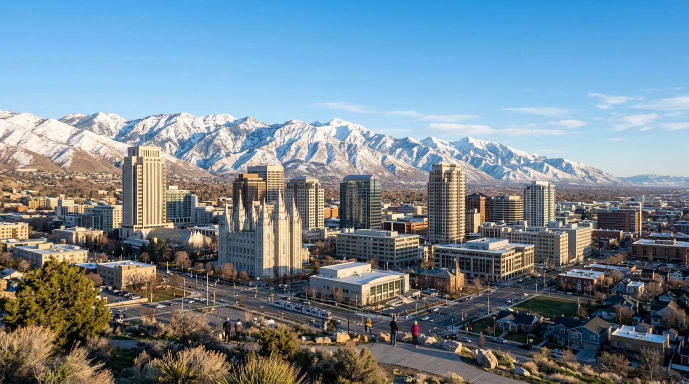 Salt Lake City, Utah skyline with the snow-capped Wasatch Mountains
