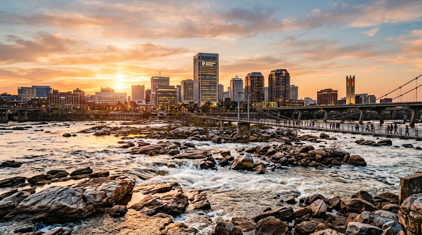 Richmond, Virginia skyline over the James River rapids