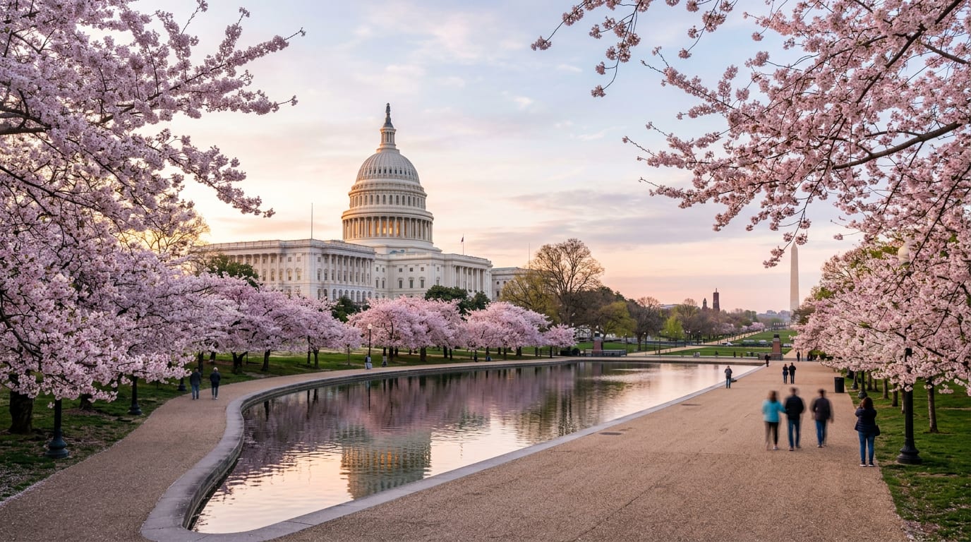 U.S. Capitol building in Washington, D.C. with cherry blossoms on the National Mall