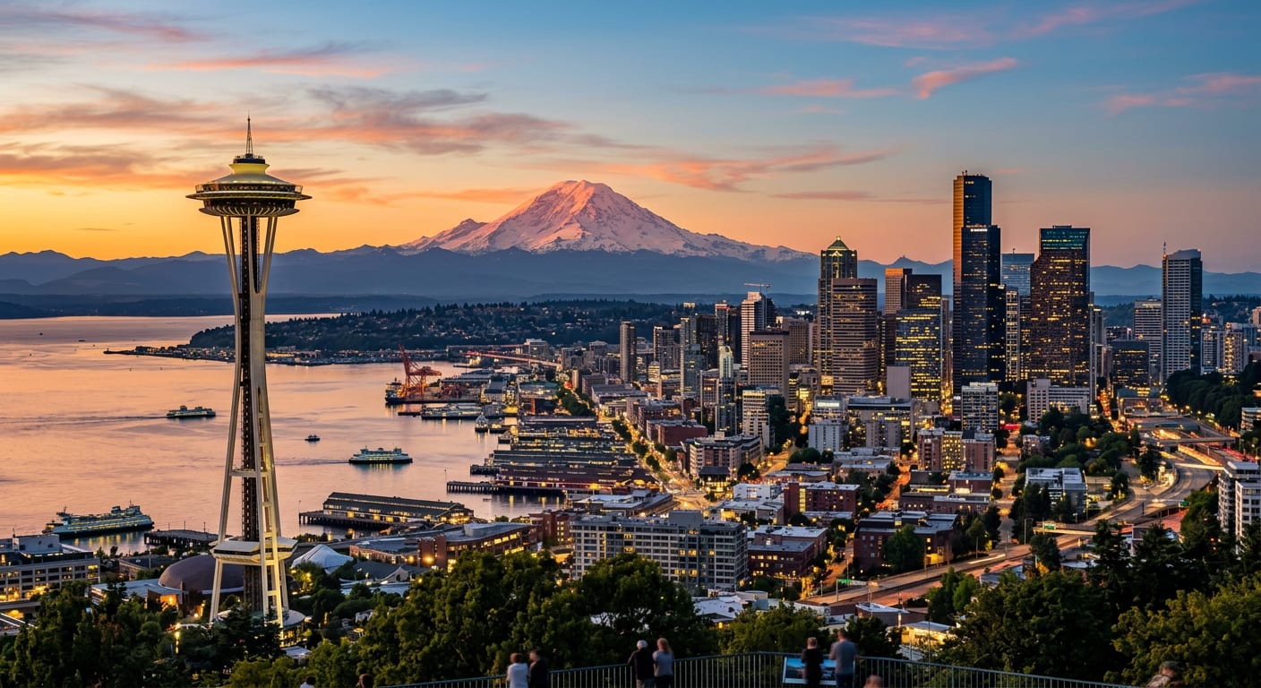 Seattle, Washington skyline with the Space Needle and Mount Rainier