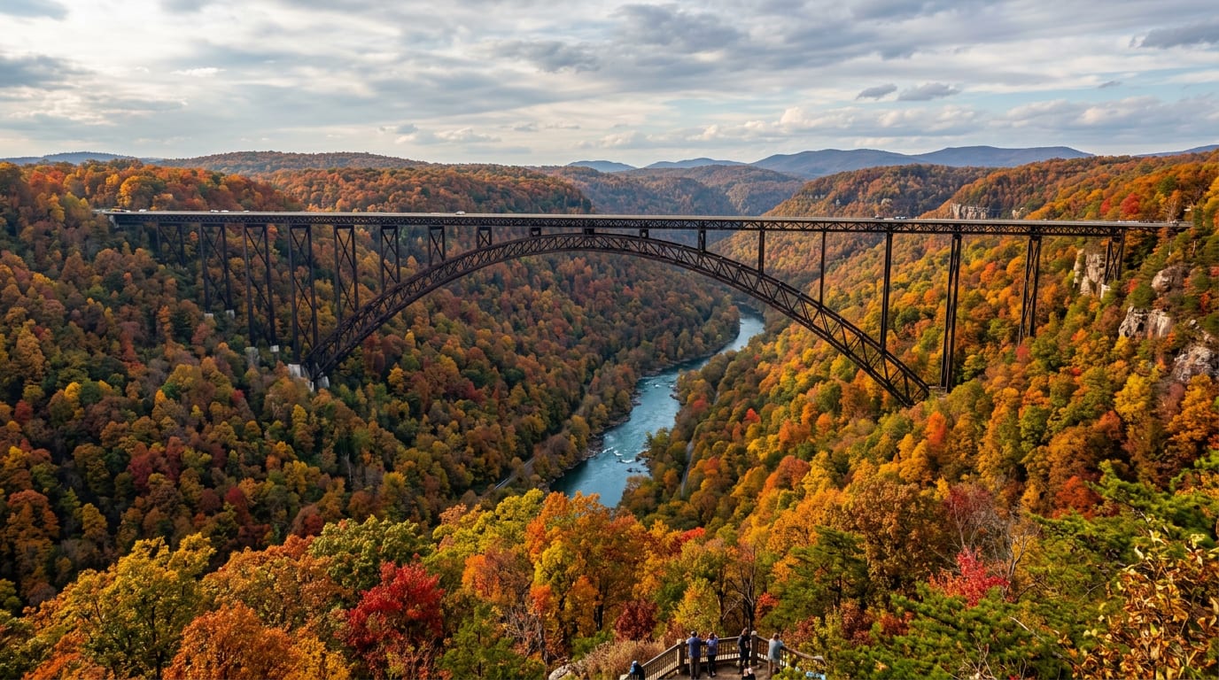 New River Gorge Bridge in West Virginia over a forested gorge in autumn